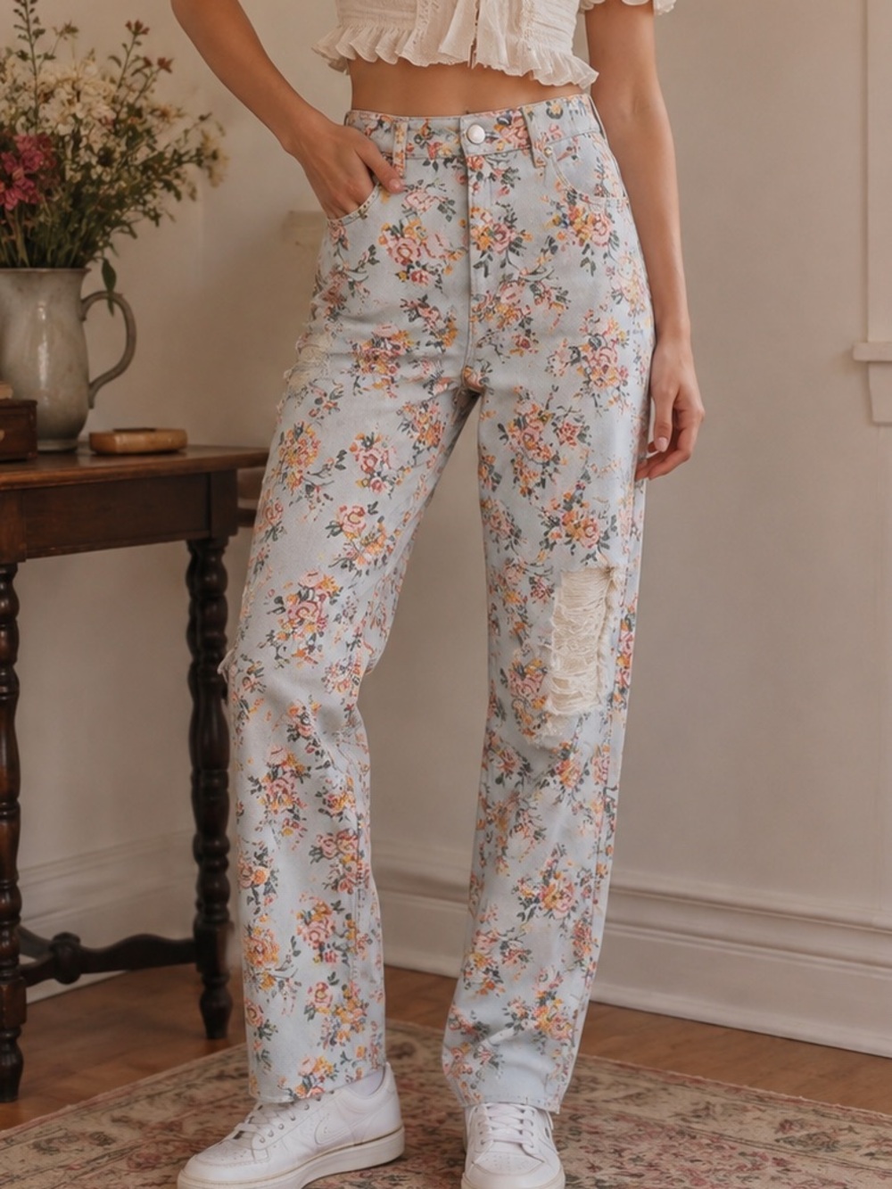 Cotton On | High 90s Floral Print Distressed Jeans | Cottagecore Boho High Rise